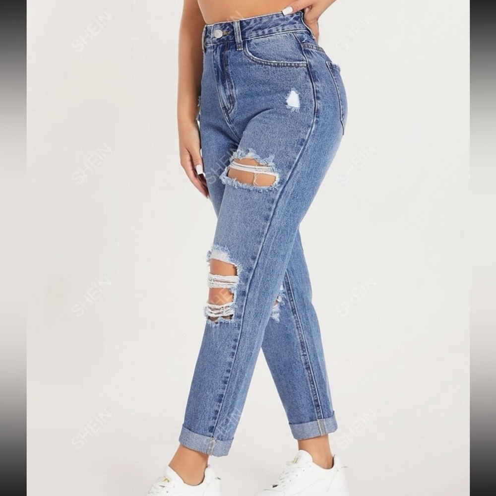 PETITE high waist ripped straight leg jeans